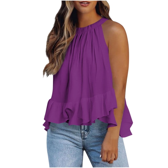 Weiqiqre Women's Clothing Adjustable Tie Neckline Ruffle Hem Sleeveless Flowy Halter Tops