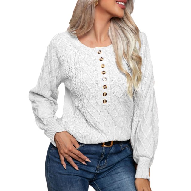 Timegard Chandails pour Femmes Col Rond à Boutons Manches Longues Coupe Ajustée Tricot Chandail Vêtements d'Automne Hiver