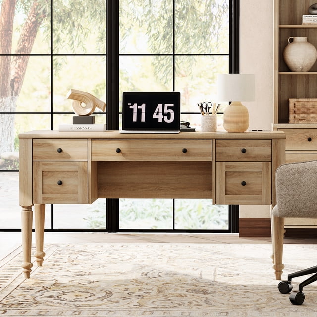 WAMPAT Farmhouse Executive Desk in oak finish, featuring a spacious 56-inch desktop, five drawers, two semi-open cabinets, and two storage doors. Includes an integrated charging station with two AC outlets and two USB ports. The desk is styled with turned legs and a white distressed wood surface, blending farmhouse and mid-century design. Perfect for home office setups, study, or work environments.