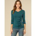thumbnail image 3 of INSPIRE CHIC Women's Button Decor V Neck 3/4 Sleeve Solid Blouse Knitted Ruched Top, 3 of 6