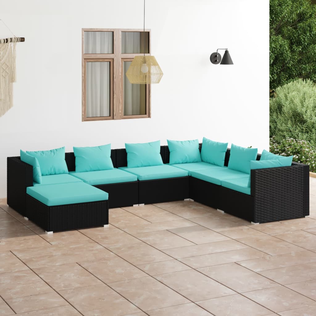 vidaXL Ensemble de Salon de Jardin 7 Pcs avec Coussins en Rotin Poly Noir