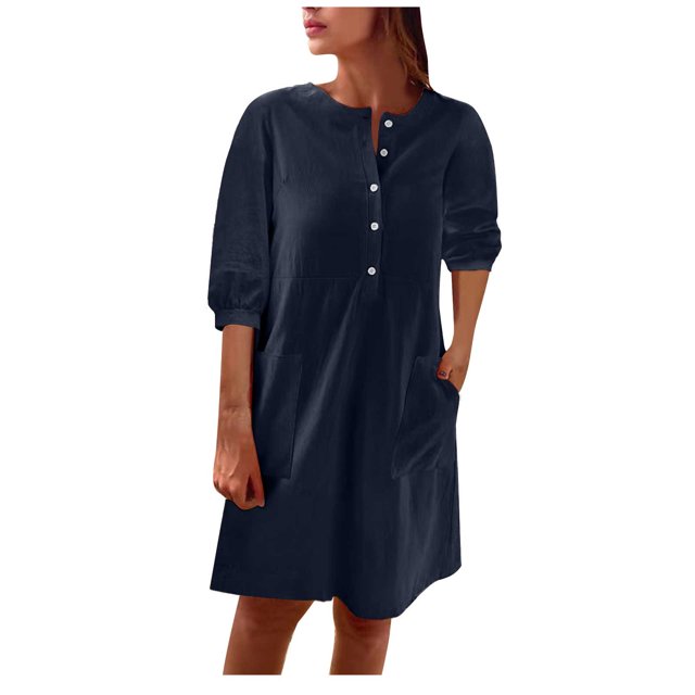 Robes Décontractées pour Femmes Tunique à Boutons Col Ras du Cou Robe en Coton et Lin Printemps Été Manches Mi-Longues Robe T-Shirts avec Poches