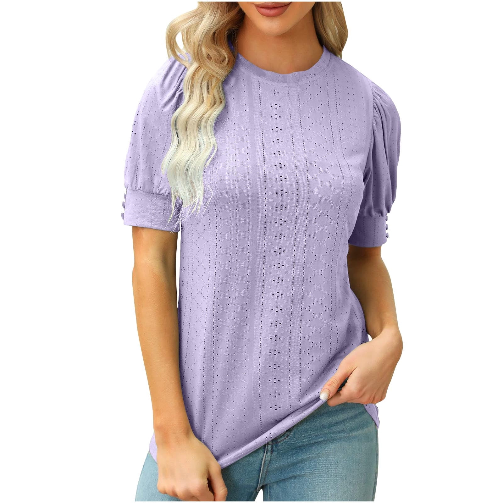 Timegard Tops for Women Eyelet Crew Neck Puff Short Sleeve Button Comfy Solid Color Casual Tunic Tops