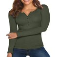thumbnail image 1 of Women Spring T-Shirt Solid Color Ribbed Henley Neck Long Sleeve Slim-fitting Pullover for Girls Autumn, 1 of 6