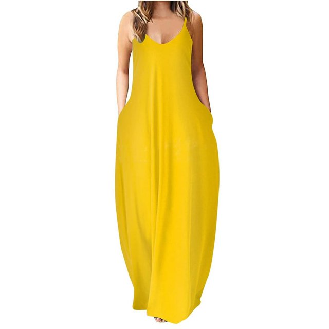 Robe Maxi d'Été pour Femmes Décontractée Bohème Longue Robe Sans Manches à Bretelles Smockée à Volants Longue Plage Soleil Robes