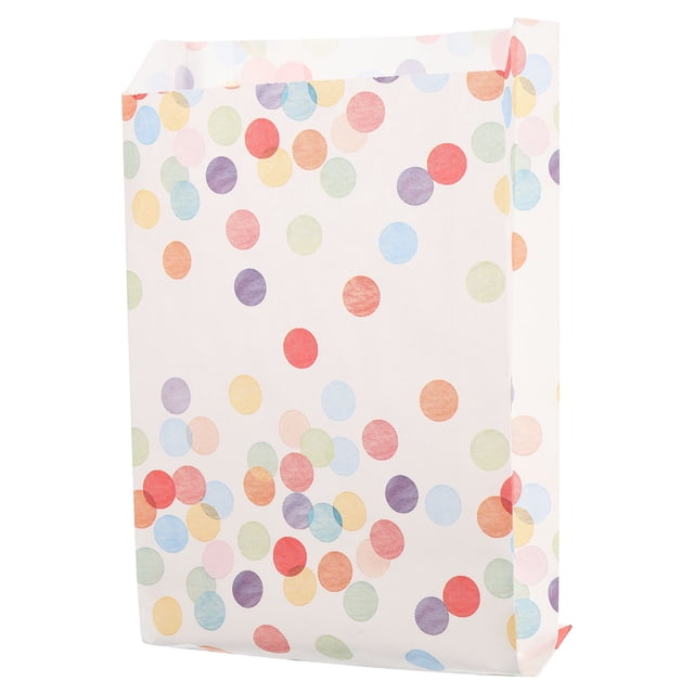 Unique Bargains 100pcs Paper Sandwich Bags, measuring 1.2x5.1x7.5 inches, made of durable kraft paper with an oil-proof thin film. These multicolor spot-patterned food storage bags are lightweight, easy to carry, and folded flat for convenient storage. Ideal for on-the-go meals, small businesses, or party use.