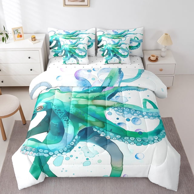 YST 7-Piece Octopus Comforter Set, Watercolor Style, Full – Sea Animal, Polyester