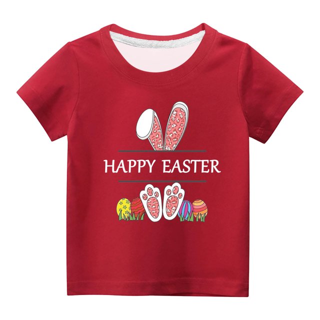 Penkiiy T-Shirts de Pâques pour Enfants Garçons Filles Mode Mignon Oreilles de Lapin de Pâques Œufs de Pâques Imprimé Col Rond Manches Courtes 4 Ans Rouge
