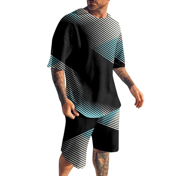 Men's Suits Product 2 Piece Outfits Hipster Printed Patchwork Tee Shirt And Shorts Set for Men Modern Sports Tracksuit Style Casual Yet