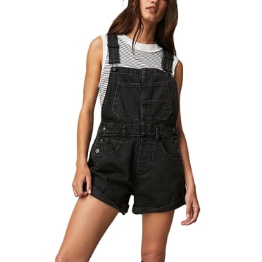 Honganda Women Denim Bib Overalls Adjustable Straps Pocket Romper Shorts Rolled Cuff Shortalls