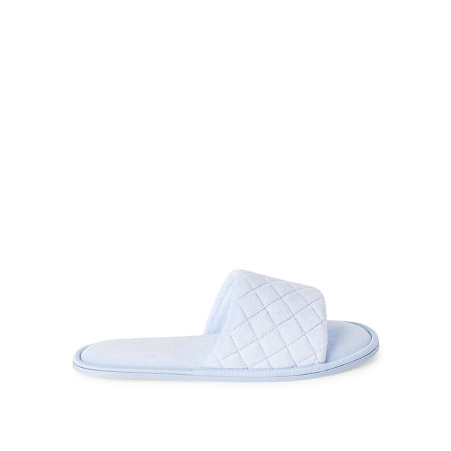 Time and Tru Pantoufles pour Femmes Bleu Pâle avec Grand Bride Matelassée, Bout Ouvert et style à Enfiler, Dotées d'Une Semelle Intérieure en Mousse Mémoire Rembourrée et d'Une Tige en Tissu Doux, Idéales pour un Port Confortable à la Maison et Adaptées aux routines Relaxantes de Détente.