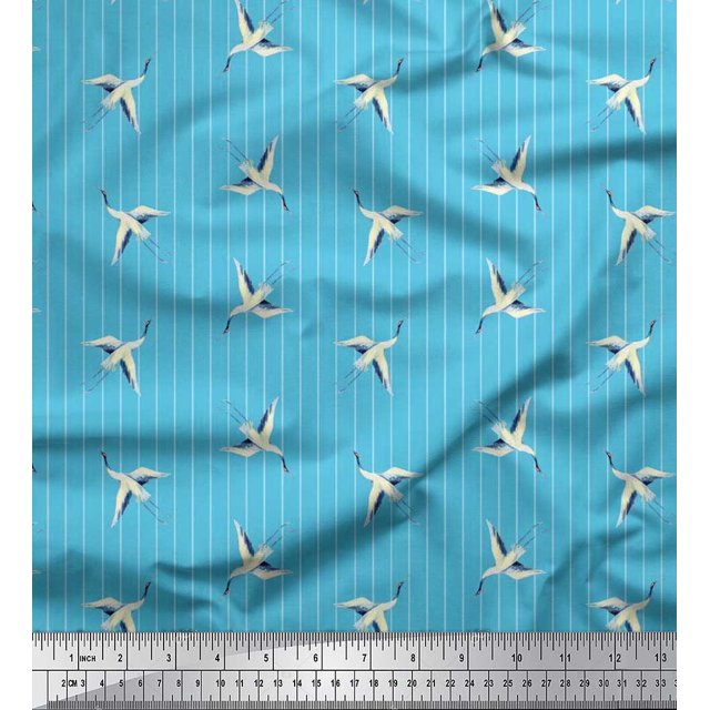 Soimoi polyester Crepe Fabric Stripe & Stork Bird Print Sewing Fabric Yard 52 Inch Wide