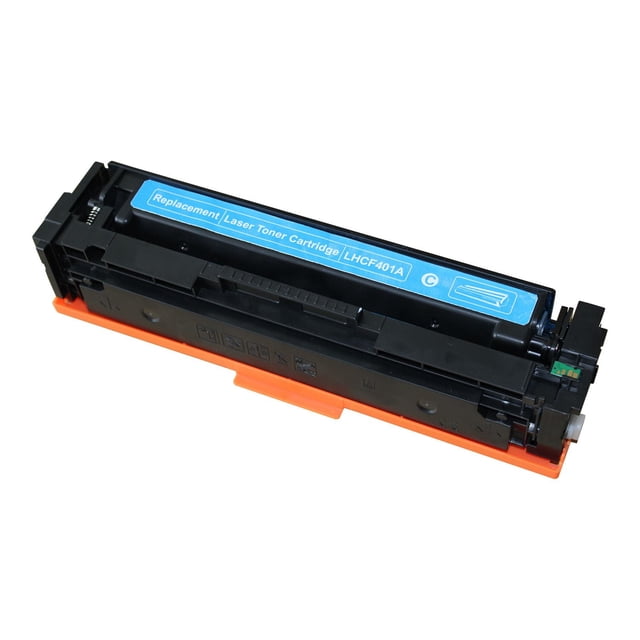 L-ink Compatible HP 201A (CF401A) Cyan Toner Cartridge shown in a front angled view with black plastic casing, blue label marked LHCF401A, and orange base cover, compatible with HP M252 and MFP-M277 printers, delivering clear, crisp print quality and 1400 page yield.