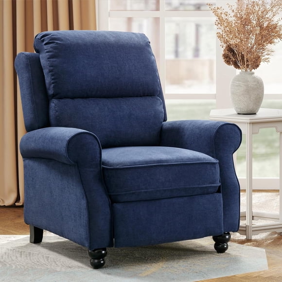 Bonzy Home Push Back Recliner Chair, Fabric Armchair with Overstuffed Cushion & Rolled Arms, Upholstered Reclining Chair with Spring Cushion & Solid Wood Legs for Living Room, Bedroom, Blue