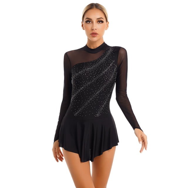 Sxiwei Robe de Danse Ballet Patinage Artistique à Manches Longues avec Strass Brillants pour Femmes, Noir P