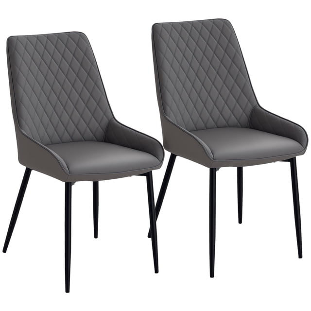 HOMCOM Dining Chairs Set of 2 in grey PU leather with diamond tufted backs and foam-filled seats. Each chair features a gently curved, raised-edge design for comfort and is supported by sturdy black powder-coated steel legs with plastic foot pads to prevent floor scratches. Suitable for dining rooms, kitchens, or as accent seating in other spaces. Dimensions: 19.7 inches wide, 23.6 inches deep, and 35 inches high. Weight capacity: 300 lbs.