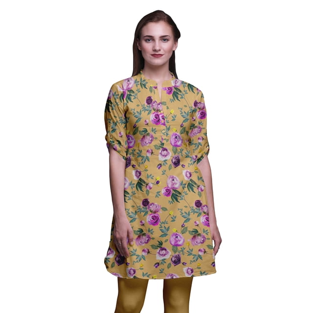 Bimba Kurtis Courtes pour Femmes Imprimées à Col Mandarin Robe à Manches Retroussables