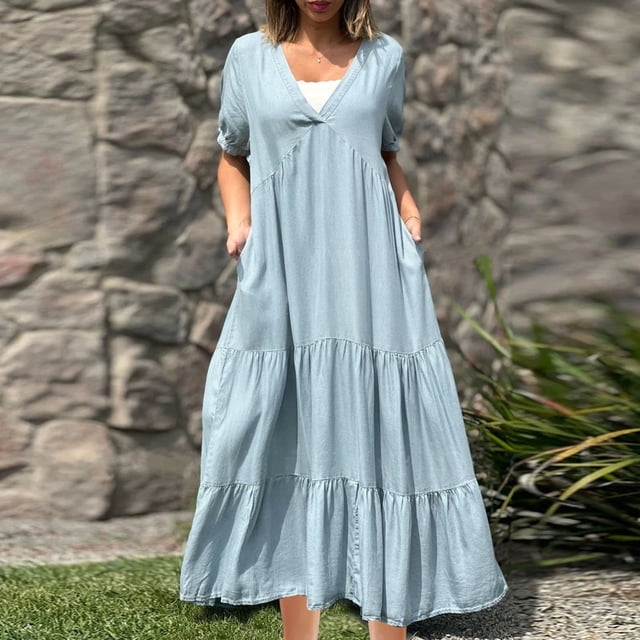 LOVZFMLL Robe Décontractée d'Été pour Femme à Manches Courtes avec Fente, Col Rond, Bleu Pâle, L