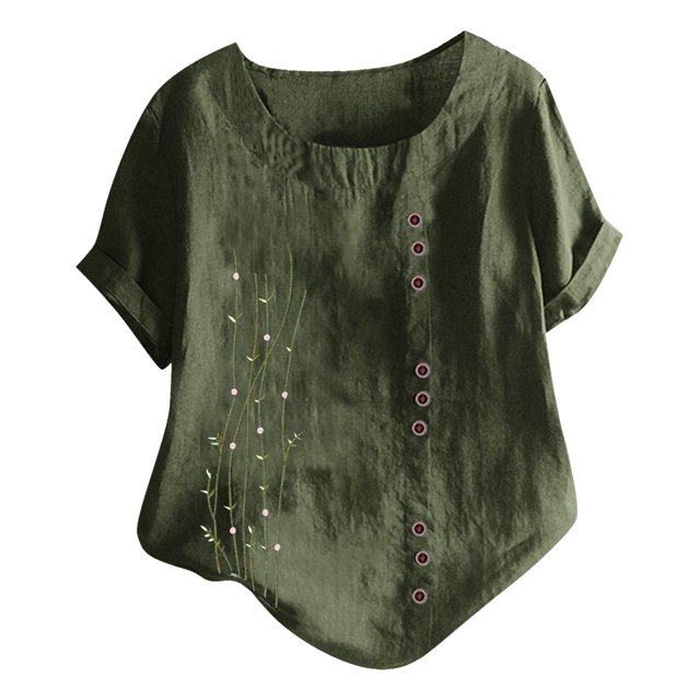 Birdeem Femmes Manches Courtes Décontracté Col Rond Imprimé Ample Bouton Tunique Chemise Blouse Hauts