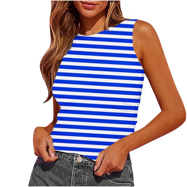 Plebaso Womens Slim Striped Tank Tops Sleeveless Crewneck Ruched Blouses Summer Casual Basic Tee Tops