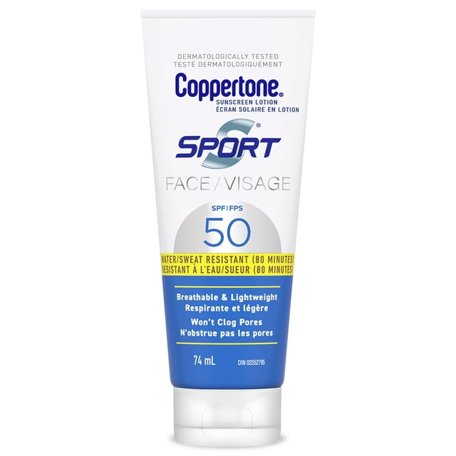Coppertone Sport Face Sunscreen Lotion SPF 50, 74 mL white and blue tube with yellow water and sweat resistant label, breathable and lightweight formula that won’t clog pores, designed for durable facial sun protection during outdoor activities.