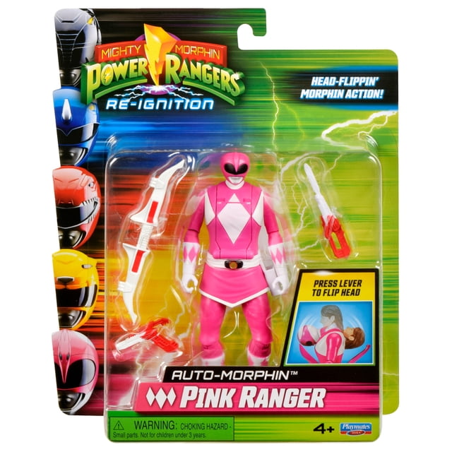 Mighty Morphin Power Rangers: Re-Ignition - Auto-Morphin Pink Ranger Action Figure by Playmates Toys featuring a pink articulated figure with white diamond patterns and helmet, equipped with a white and red bow and red blaster. Packaged in a colorful blister card with Power Rangers branding and head-flipping morphin action instructions, ideal for action figure playsets and collectors.