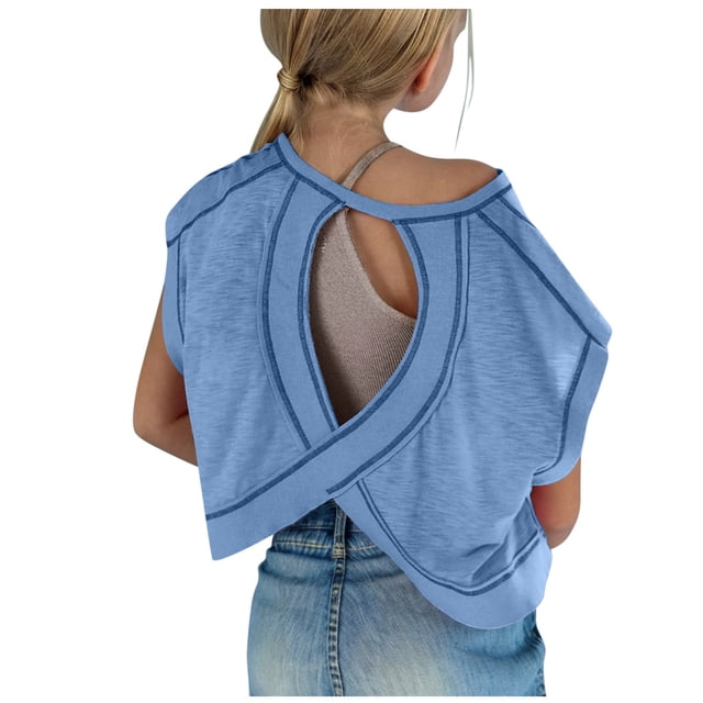 Plebaso Girls Workout Tops Long/Short Sleeve Open Back Shirts Kids Athletic Running Cropped Tees Tops
