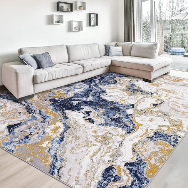 Twister.CK 5' x 7' Washable Rugs, Modern Marble Print Area Rug, Low Pile Stain-Resistant Carpet, for Living Room Home Office, Blue