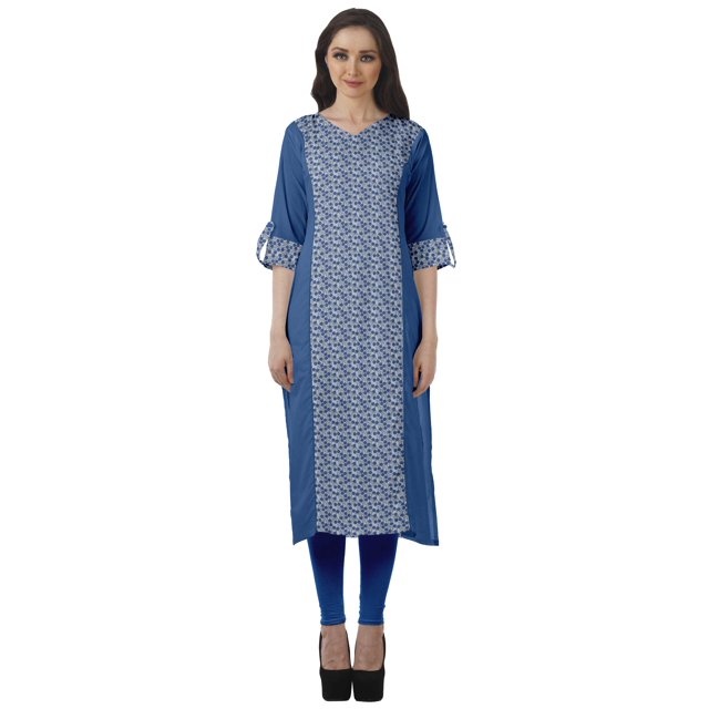 Moomaya Tunique Droite à Col en V pour Femmes, Manches Roulées, Kurta en Coton Imprimé