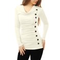 thumbnail image 1 of INSPIRE CHIC Women's Cowl Neck Long Sleeve Top Button Decor Ruched Front Regular Fit Pullover Top XS White, 1 of 5