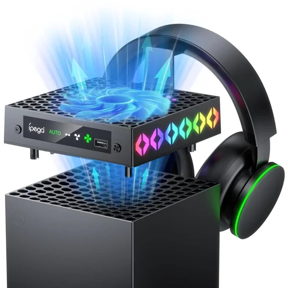 Ventilateur de Refroidissement pour Xbox Series X, Système de Refroidissement en Mode Auto pour Accessoires Xbox Series X avec 9 Lumières RVB Colorées, Refroidisseur pour Console Xbox Series X avec Support pour Casque, Port USB, Faible Bruit