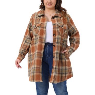 Agnes Orinda Women's Plus Size Halloween Outfits Plaid Shacket Jacket Long Sleeve Button Down Flannel Shirts Fashion Jacket 4X Orange