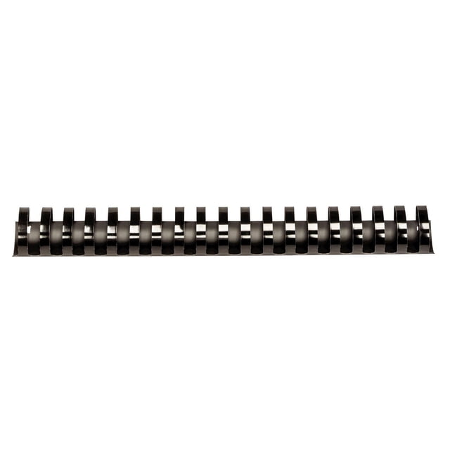 BINDING COMBS PLASTIC - BLACK 1-1/2IN 50PK showing a single black plastic binding comb with 1.5-inch oval loops made of polyvinyl chloride, designed to bind up to 340 sheets, compatible with standard 19-ring comb-binding systems, suitable for office and school binding supplies.