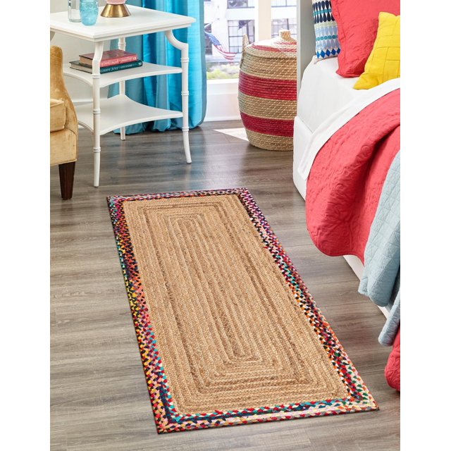 Indian Handmade Braided Multi Cotton Border with Inner Natural Jute Area Rug, Home Décor Rug, Jute Rug for Bedroom, Dining Room, living room, Doormat Rug Size - 2.6' x 8' (78 cm x 240 cm)