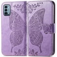 thumbnail image 1 of Étui à Rabat, Fleurs Embossées Papillon en Cuir PU, Étui à Rabat Magnétique avec Support, Porte-Cartes, Dragonne, Portefeuille, Porte-Monnaie pour iPhone 11 Pro Max (Violet Pâle), 1 of 5