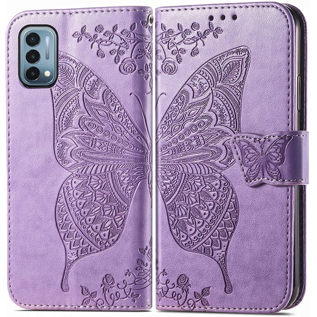 Étui à Rabat, Fleurs Embossées Papillon en Cuir PU, Étui à Rabat Magnétique avec Support, Porte-Cartes, Dragonne, Portefeuille, Porte-Monnaie pour iPhone 11 Pro Max (Violet Pâle)