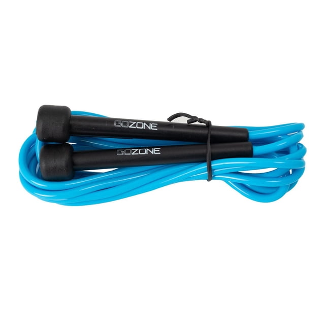 GoZone Corde de Vitesse de Base BL Vue Orientée vers l'Avant d'Une Corde de Vitesse en PVC de Longueur Réglable avec Poignées Fines à Rotation Fluide et tube de Rangement Clair; Corde de cardio Compacte et portable pour Utilisation Intérieure/extérieure, Entraînements de Voyage et Exercices d'Échauffement.