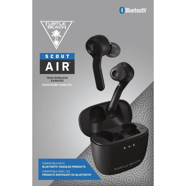 Turtle Beach Scout Air true wireless earbuds in matte black with charging case, featuring Bluetooth 5.1 connectivity, ergonomic in-ear design, and low latency Game Mode, shown with one earbud inside the open case and one floating above, compatible with Bluetooth-enabled devices including Nintendo Switch.