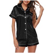 Pajamas for Women Set on Clearance Womens Fashion Home Wear Pajamas Silk Satin Pajamas Short Sleeve Loungewear Two-Piece Sleepwear Button-Down Pjs Set Soft Pajama Set for Women Black M New
