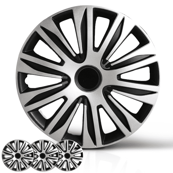 Ensemble de Couvre-Roues, Ensemble d'Enjoliveurs de 15 Pouces de 4 Capuchons de Moyeu Automobile avec Anneaux de Retenue Universels à Clipser, Couvre-Jantes Bicolores en Plastique ABS Noir et Argent pour Toutes les Marques, Modèles (SG-5083-DP-15)