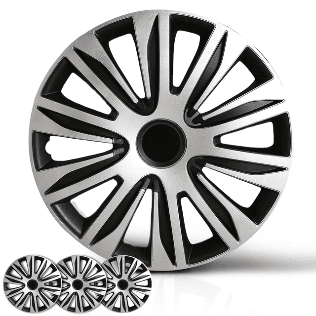 Wheel Cover Kit, 14 Inch Hubcaps Set of 4 with a 2-tone black and silver ABS plastic design. These universal snap-on hubcaps include stainless steel retention rings for secure installation on steel rims, compatible with all car makes and models. Ideal for enhancing curb appeal or upgrading ride-share vehicles.