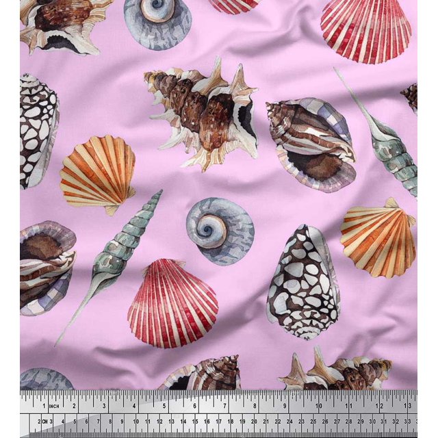 Soimoi polyester Crepe Fabric Colorful Shells Ocean Print Fabric by the Yard 52 Inch Wide