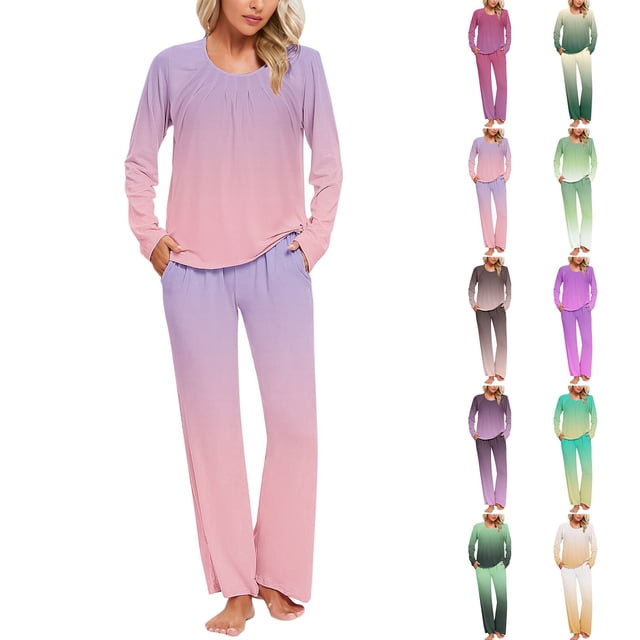 Sentmoon 2 PCS Womens Night Gowns for Sleeping Crew Neck Womens Pajama Set Relaxed Gradient Color Loungewear with Pockets for Christmas Morning Green S