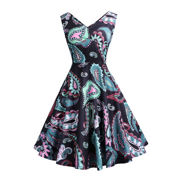 EGNMCR Robes de Soirée pour Femmes, Robes Formelles pour Femmes, Robes de Cocktail pour Femmes Sans Manches à Col en V Mi-Mollet Robe Confortable d'Été pour Femmes Sans Manches à Col en V Vintage Régulière à Imprimé Robe de Fête Robe pour Femme
