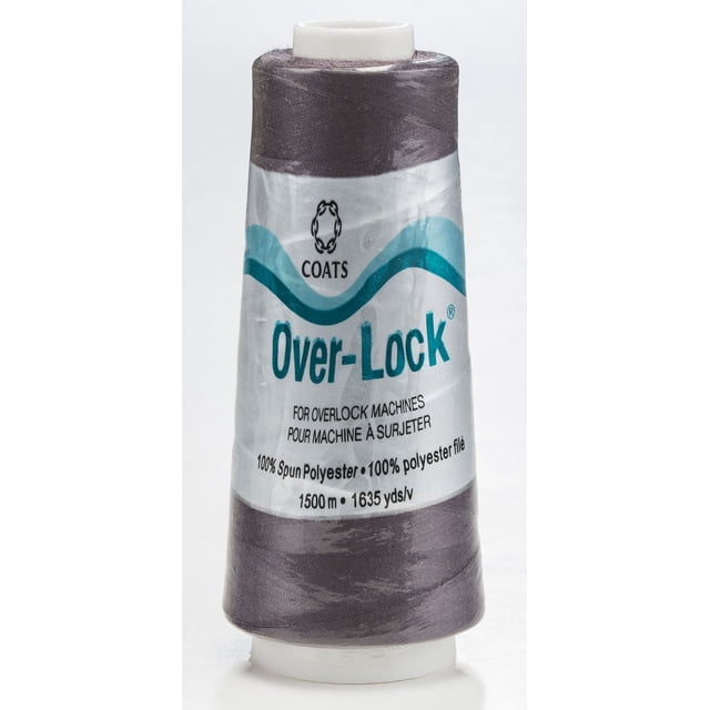 Coats Over-Lock Polyester Thread spool in muted purple designed for overlock machines, made of 100% spun polyester with 1500 meters (1635 yards) of thread on a white plastic core, featuring a silver label with teal and black text, ideal for high-speed sewing and even strength.