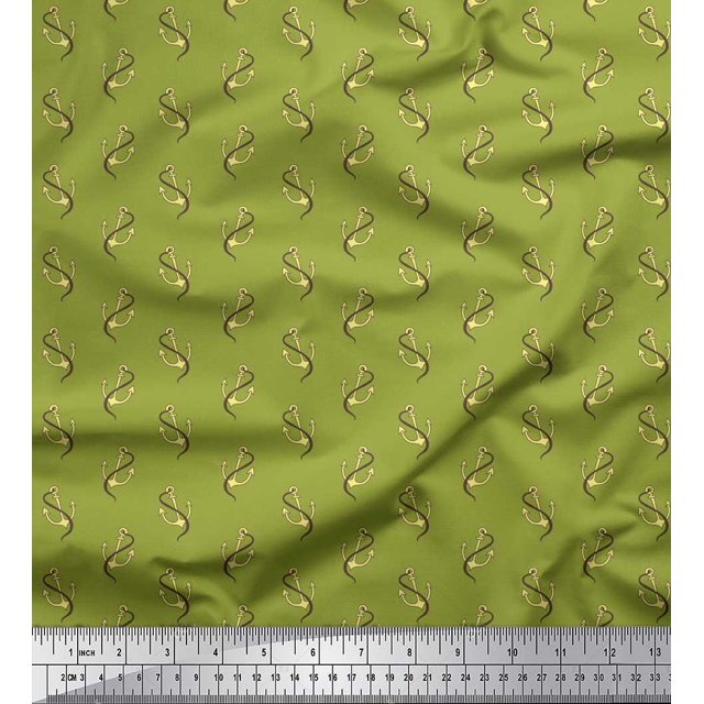 Soimoi Green Poly Georgette Fabric Anchor Hook Nautical Print Sewing Fabric Yard 42 Inch Wide