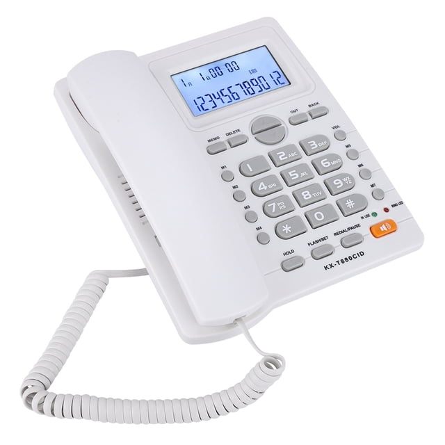 Spptty Answering Machine Corded Phone with Speakerphone, featuring a white ABS body, LCD display for real-time date and call time records, and large buttons for easy use. Includes dual-port design for extension set support, noise-cancelling function, and hands-free calling. Model KX-880CID with blue screen and quick storage keys.