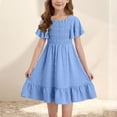 thumbnail image 2 of Robes d'Été pour Fille Smockées à Manches Volantées, Ligne A, Robes Soleil Évasées Mini Décontractées pour Fête, Bleu, 6-7 Ans, 2 of 9