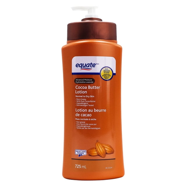 Equate Lotion au Beurre de Cacao 725 ml en Bouteille à Pompe orange avec Bouchon Brun, Formulée pour Peau Normale à Sèche, Non Grasse et Hypoallergénique avec Beurre de Cacao Pur, Testée par des Dermatologues, Étiquette Bilingue Anglais et Français, avec illustration de Capsule de Cacao, Convient à l'Hydratation Quotidienne et Améliore la Douceur et la texture de la Peau.