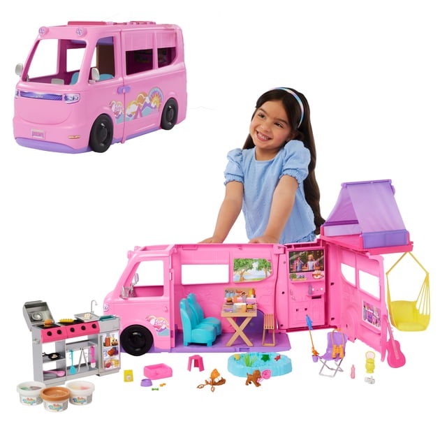 Barbie Dream Camper Playset with Roof Tent, BBQ Grill with Color-Change Feature & 60+ Accessories shown as a pink camper van with rainbow decals, opening to reveal seven play areas including a pop-up roof tent, living room with turquoise seats, dining area, bathroom, fishing pond, yellow swing chair, and barbecue station with dough tubs for pretend cooking, ideal for imaginative outdoor camping play.
